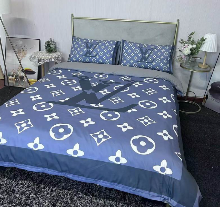 Parure de Lit Luxe Bleu & Blanc – Design Monogramme Élégant - Housse de couette + taies d'oreiller