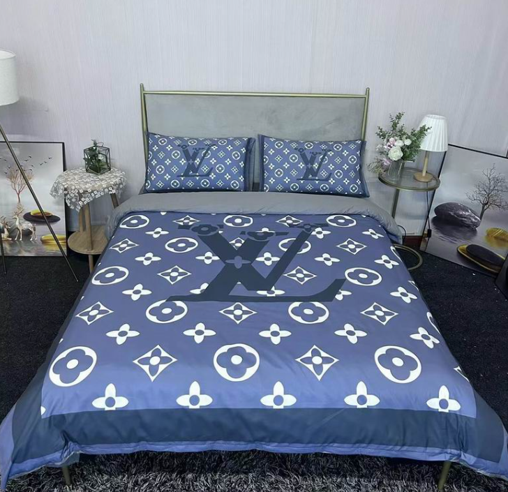 Parure de Lit Luxe Bleu & Blanc – Design Monogramme Élégant - Housse de couette + taies d'oreiller