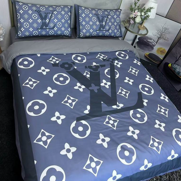 Parure de Lit Luxe Bleu & Blanc – Design Monogramme Élégant - Housse de couette + taies d'oreiller